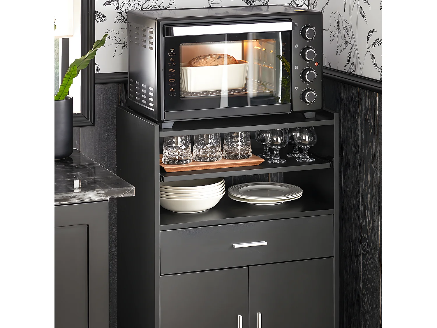 SoBuy Dressoir Magnetronkast op Wielen Opbergmeubel, Zwart, 59x40x92 cm, FSB09-SCH