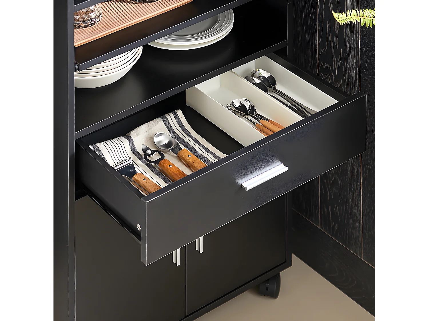 SoBuy Dressoir Magnetronkast op Wielen Opbergmeubel, Zwart, 59x40x92 cm, FSB09-SCH