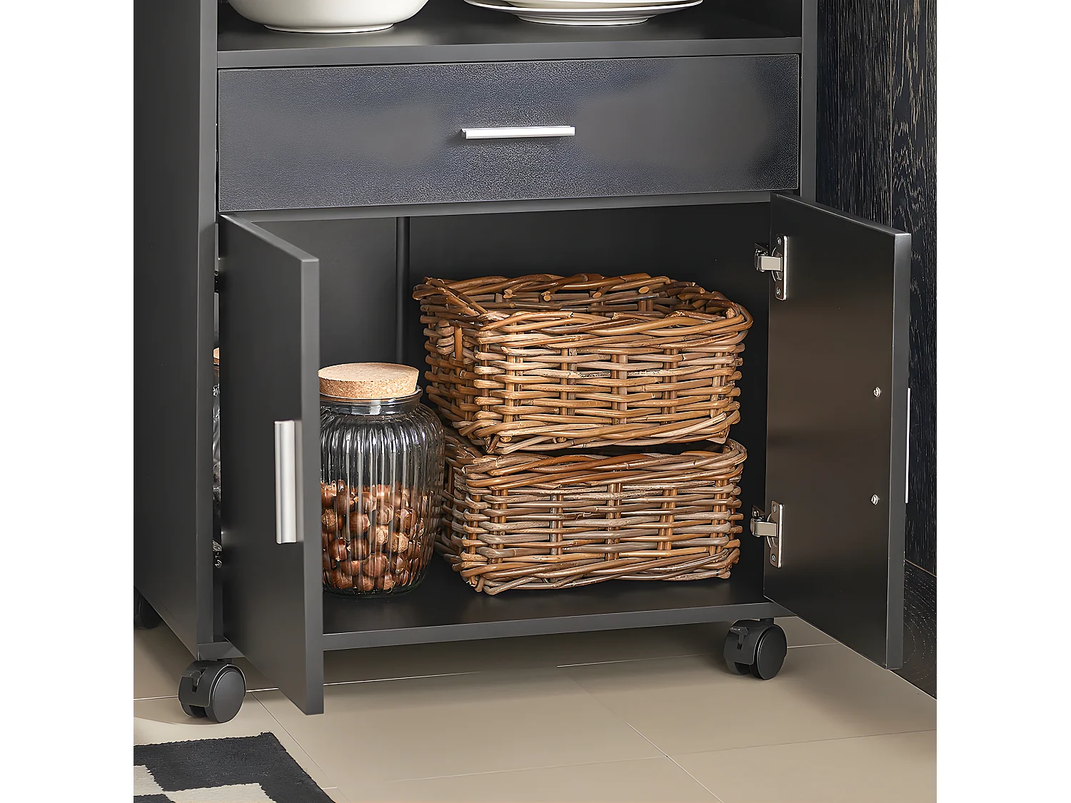 SoBuy Dressoir Magnetronkast op Wielen Opbergmeubel, Zwart, 59x40x92 cm, FSB09-SCH