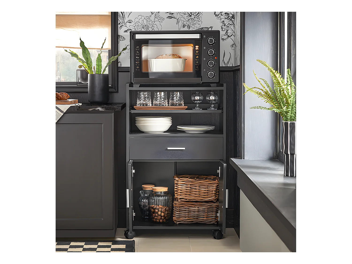 SoBuy Dressoir Magnetronkast op Wielen Opbergmeubel, Zwart, 59x40x92 cm, FSB09-SCH