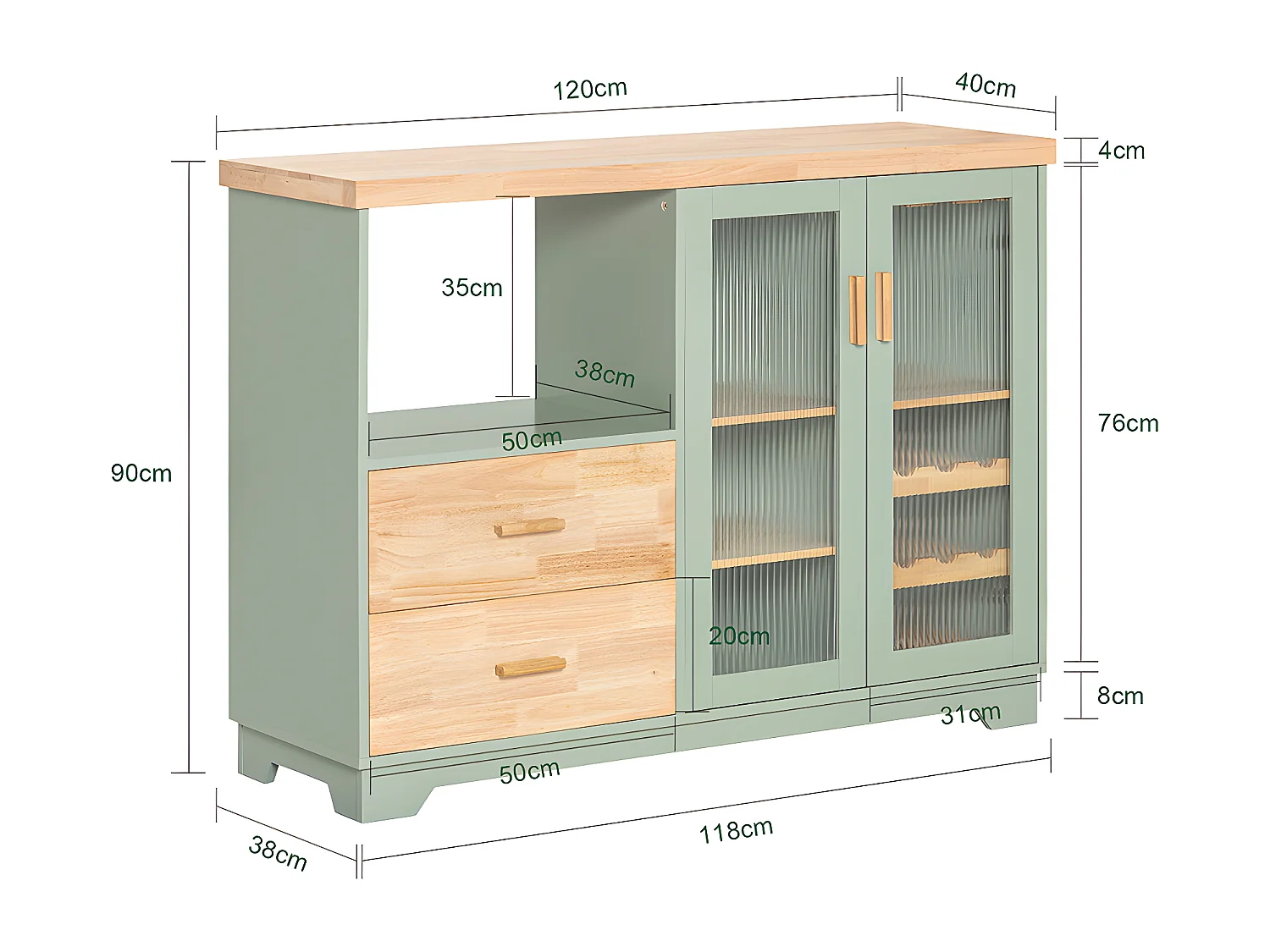 Credenza buffet con 2 ante in vetro Mobile da cucina Mobile microonde 120x40x90cm Verde FSB81-GR SoBuy
