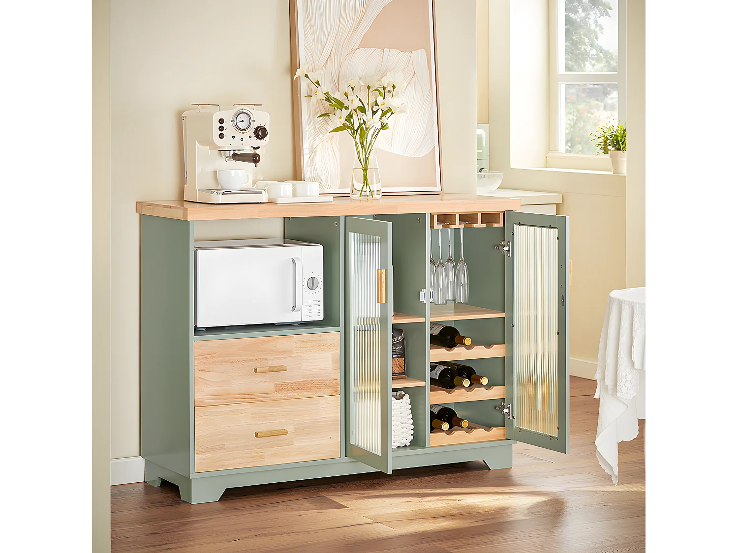 Credenza buffet con 2 ante in vetro Mobile da cucina Mobile microonde 120x40x90cm Verde FSB81-GR SoBuy