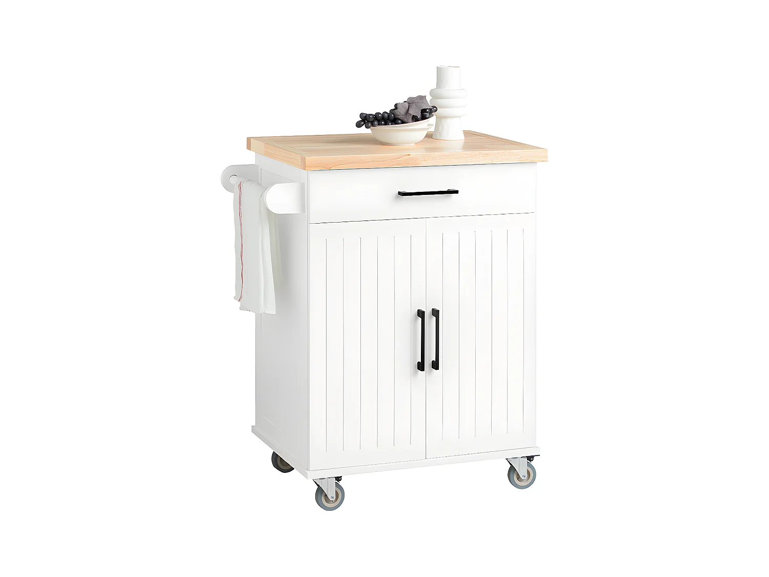 SoBuy Desserte de Cuisine à roulettes avec Plan de Travail en Bois d'hévéa îlot de Cuisine Armoire de Rangement 1 Tiroir et 2 Portes, 74,5x91x45,5 cm, FKW119-WN