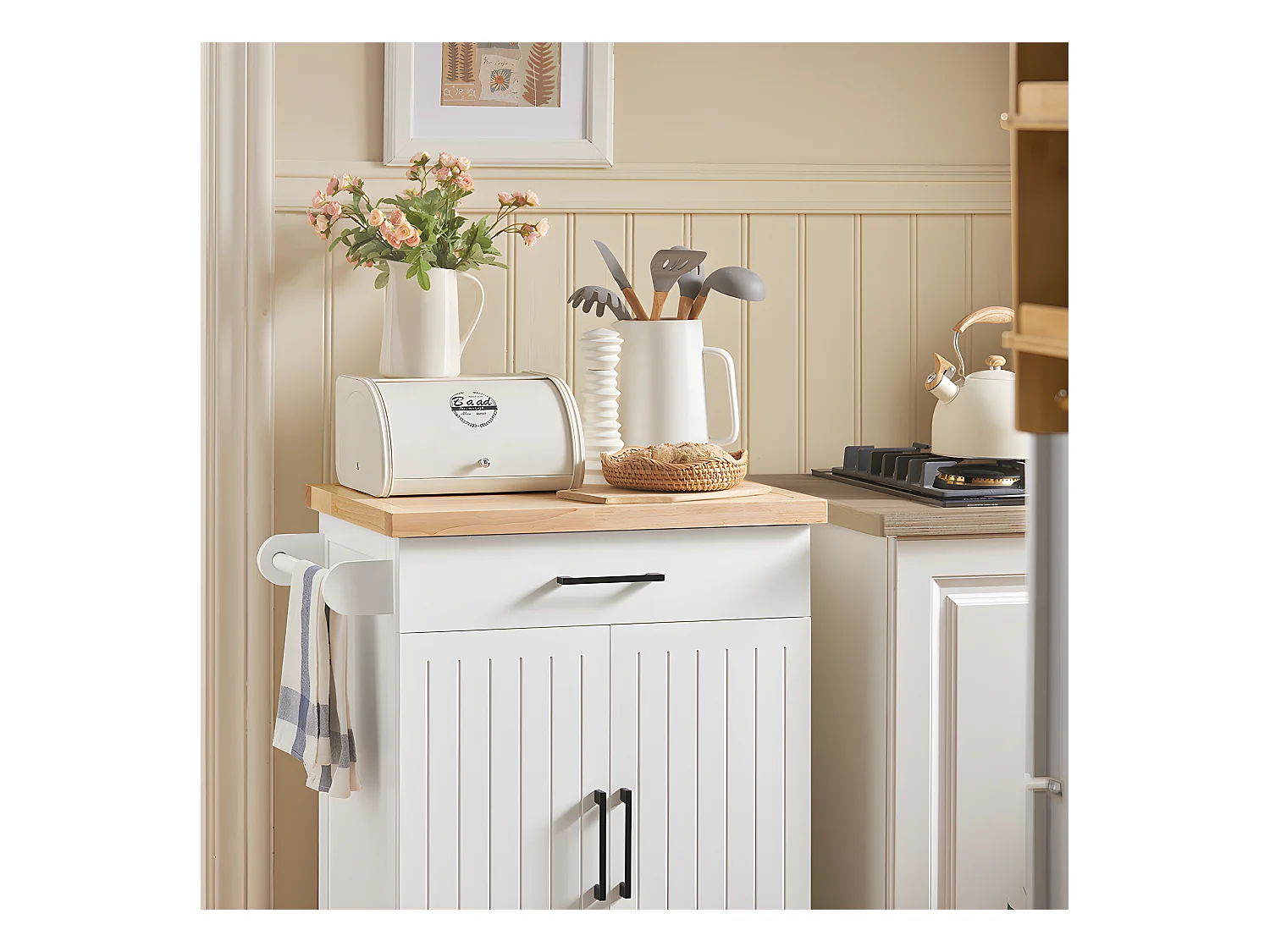 Carrito Auxiliar de Cocina con 2 Puertas 1 Cajón 1 Toallero y 4 Ruedas Carro de Servir Multiusos Armario de Cocina 74.5x 45,5 x 91 cm Blanco FKW119-WN SoBuy ES