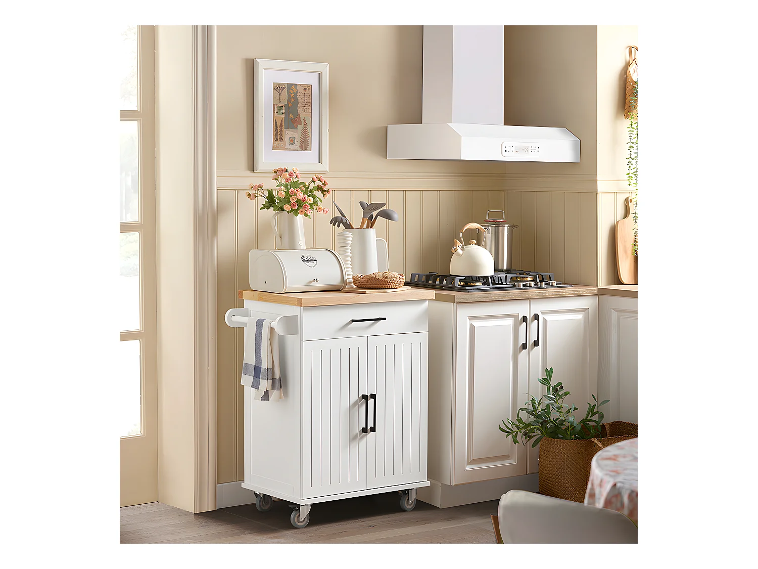 Carrito Auxiliar de Cocina con 2 Puertas 1 Cajón 1 Toallero y 4 Ruedas Carro de Servir Multiusos Armario de Cocina 74.5x 45,5 x 91 cm Blanco FKW119-WN SoBuy ES