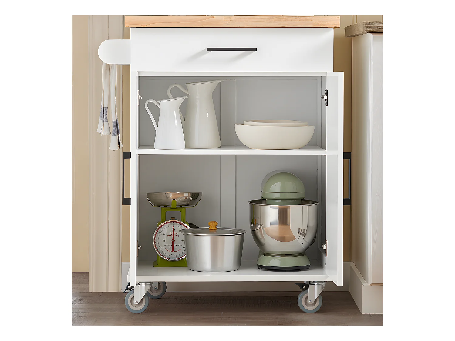 Carrito Auxiliar de Cocina con 2 Puertas 1 Cajón 1 Toallero y 4 Ruedas Carro de Servir Multiusos Armario de Cocina 74.5x 45,5 x 91 cm Blanco FKW119-WN SoBuy ES