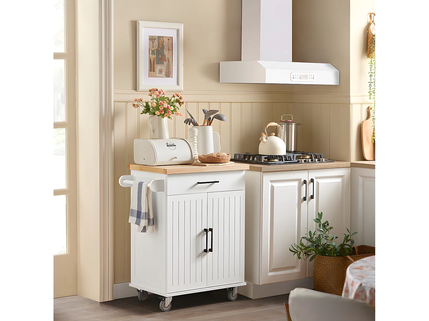 SoBuy Desserte de Cuisine à roulettes avec Plan de Travail en Bois d'hévéa îlot de Cuisine Armoire de Rangement 1 Tiroir et 2 Portes, 74,5x91x45,5 cm, FKW119-WN