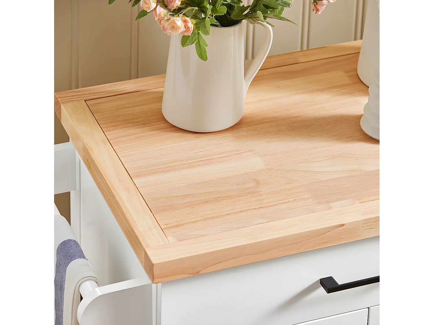 SoBuy Desserte de Cuisine à roulettes avec Plan de Travail en Bois d'hévéa îlot de Cuisine Armoire de Rangement 1 Tiroir et 2 Portes, 74,5x91x45,5 cm, FKW119-WN