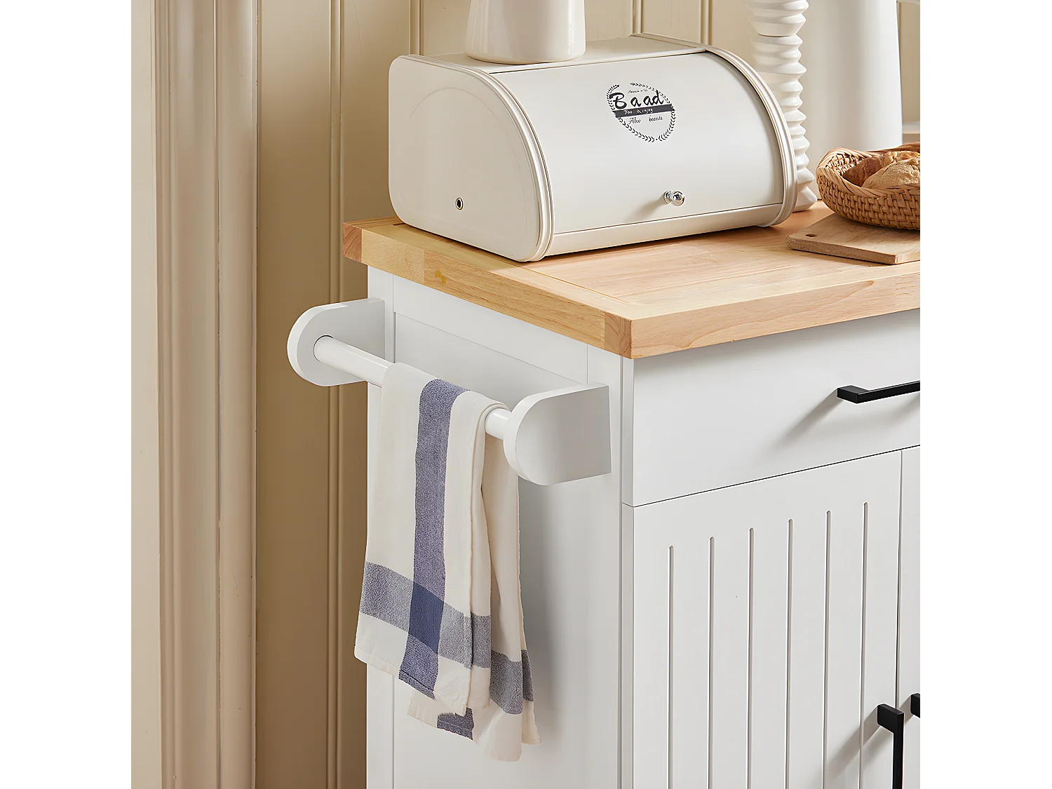 SoBuy Desserte de Cuisine à roulettes avec Plan de Travail en Bois d'hévéa îlot de Cuisine Armoire de Rangement 1 Tiroir et 2 Portes, 74,5x91x45,5 cm, FKW119-WN