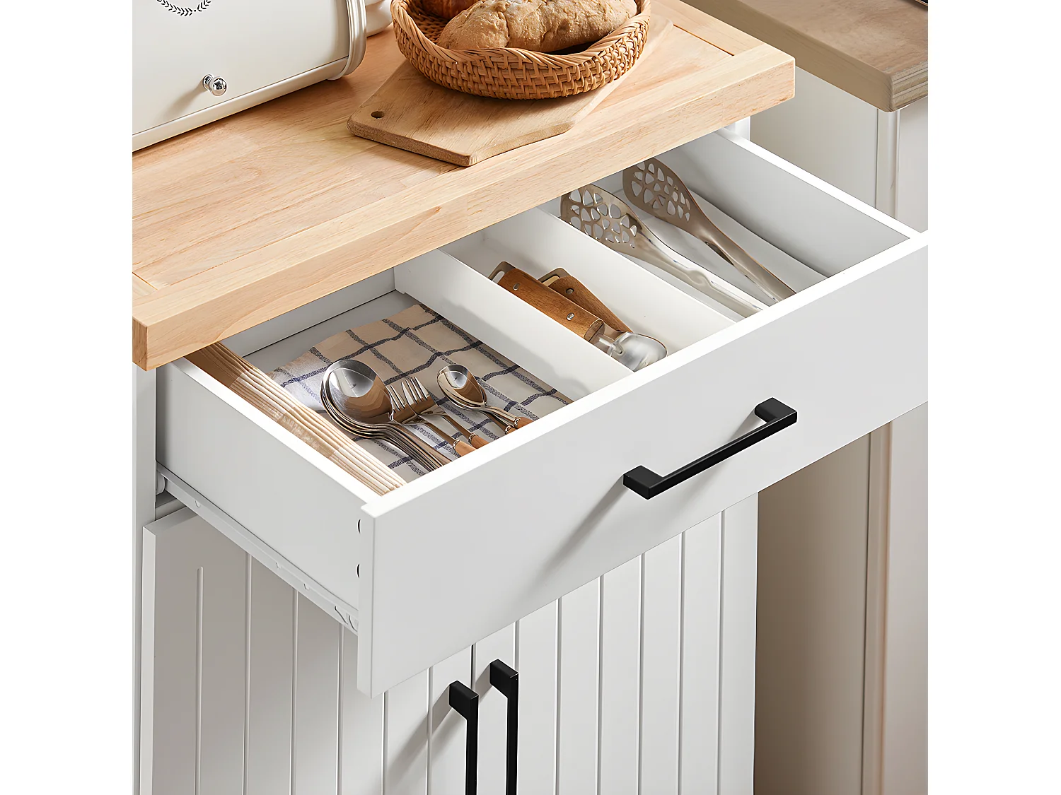 SoBuy Desserte de Cuisine à roulettes avec Plan de Travail en Bois d'hévéa îlot de Cuisine Armoire de Rangement 1 Tiroir et 2 Portes, 74,5x91x45,5 cm, FKW119-WN
