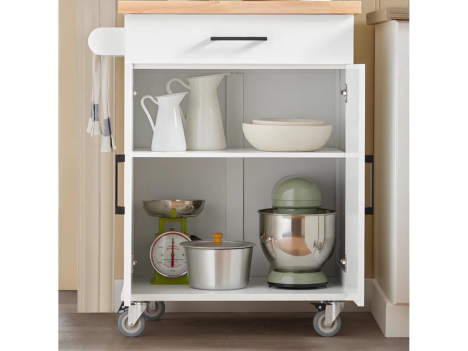 SoBuy Desserte de Cuisine à roulettes avec Plan de Travail en Bois d'hévéa îlot de Cuisine Armoire de Rangement 1 Tiroir et 2 Portes, 74,5x91x45,5 cm, FKW119-WN