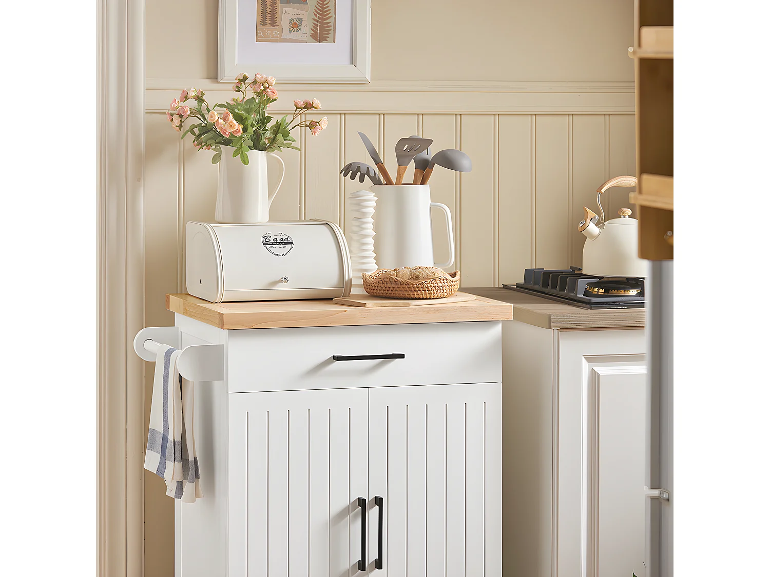 SoBuy Desserte de Cuisine à roulettes avec Plan de Travail en Bois d'hévéa îlot de Cuisine Armoire de Rangement 1 Tiroir et 2 Portes, 74,5x91x45,5 cm, FKW119-WN