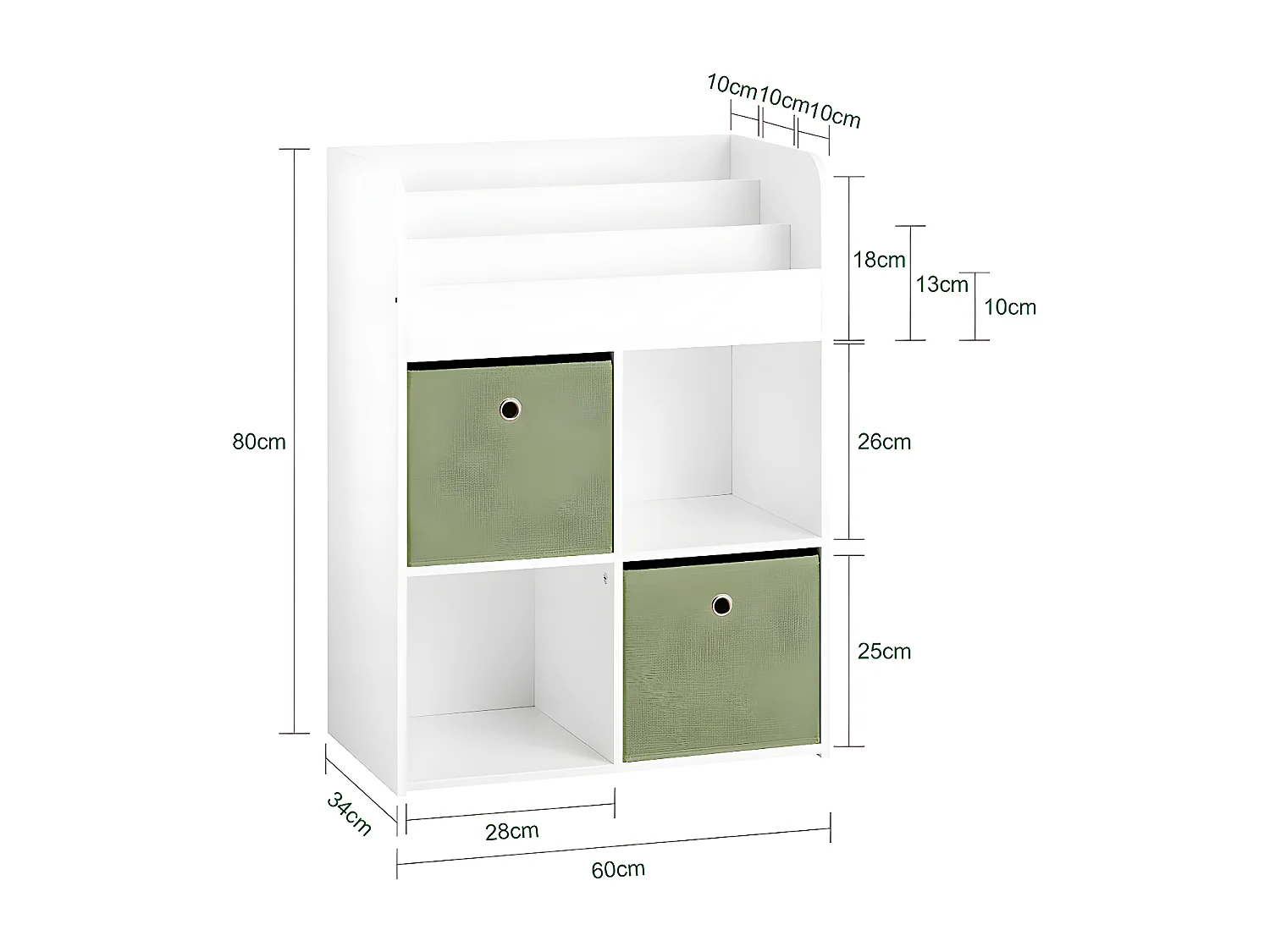 SoBuy Kinderboekenkast, opbergplank voor speelgoed en boeken, opbergkast voor kinderslaapkamer met 3 planken, 4 vakken en 2 opbergdozen, 60x34x80 cm, KMB79-W