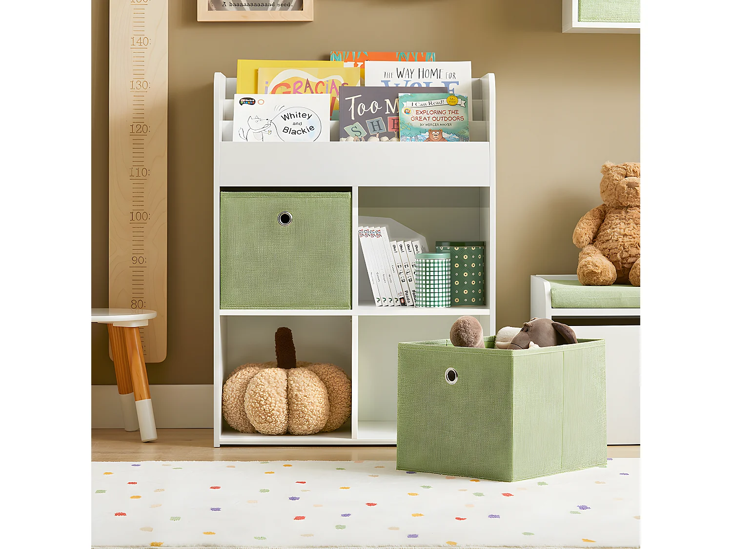 SoBuy Kinderboekenkast, opbergplank voor speelgoed en boeken, opbergkast voor kinderslaapkamer met 3 planken, 4 vakken en 2 opbergdozen, 60x34x80 cm, KMB79-W