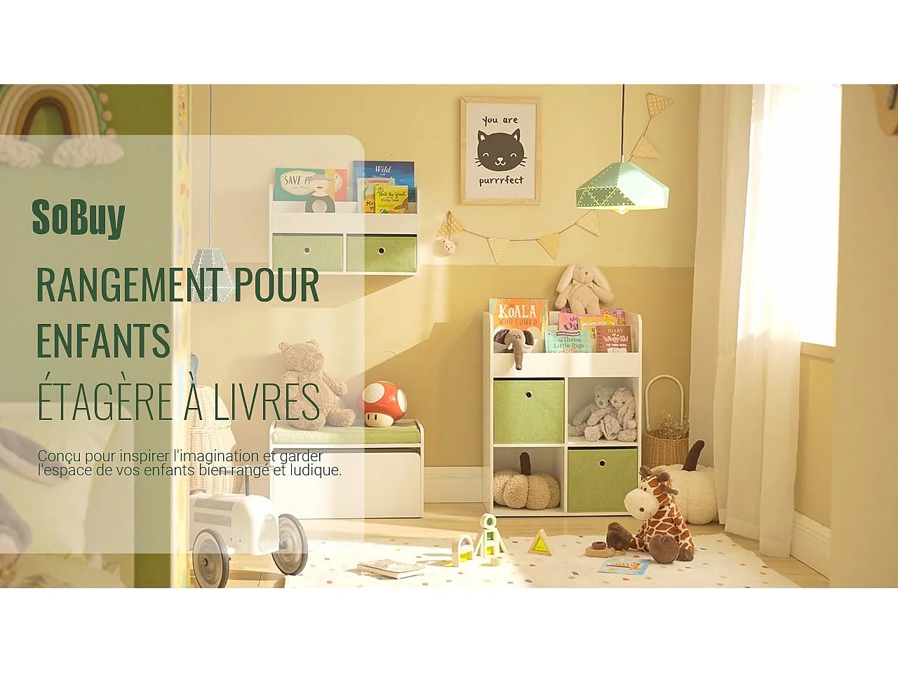 SoBuy KMB79-W Bibliothèque pour Enfant, Étagère de Rangement pour Jouets et Livres, 3 Étagères, 4 Compartiments et 2 Boîtes de Rangement
