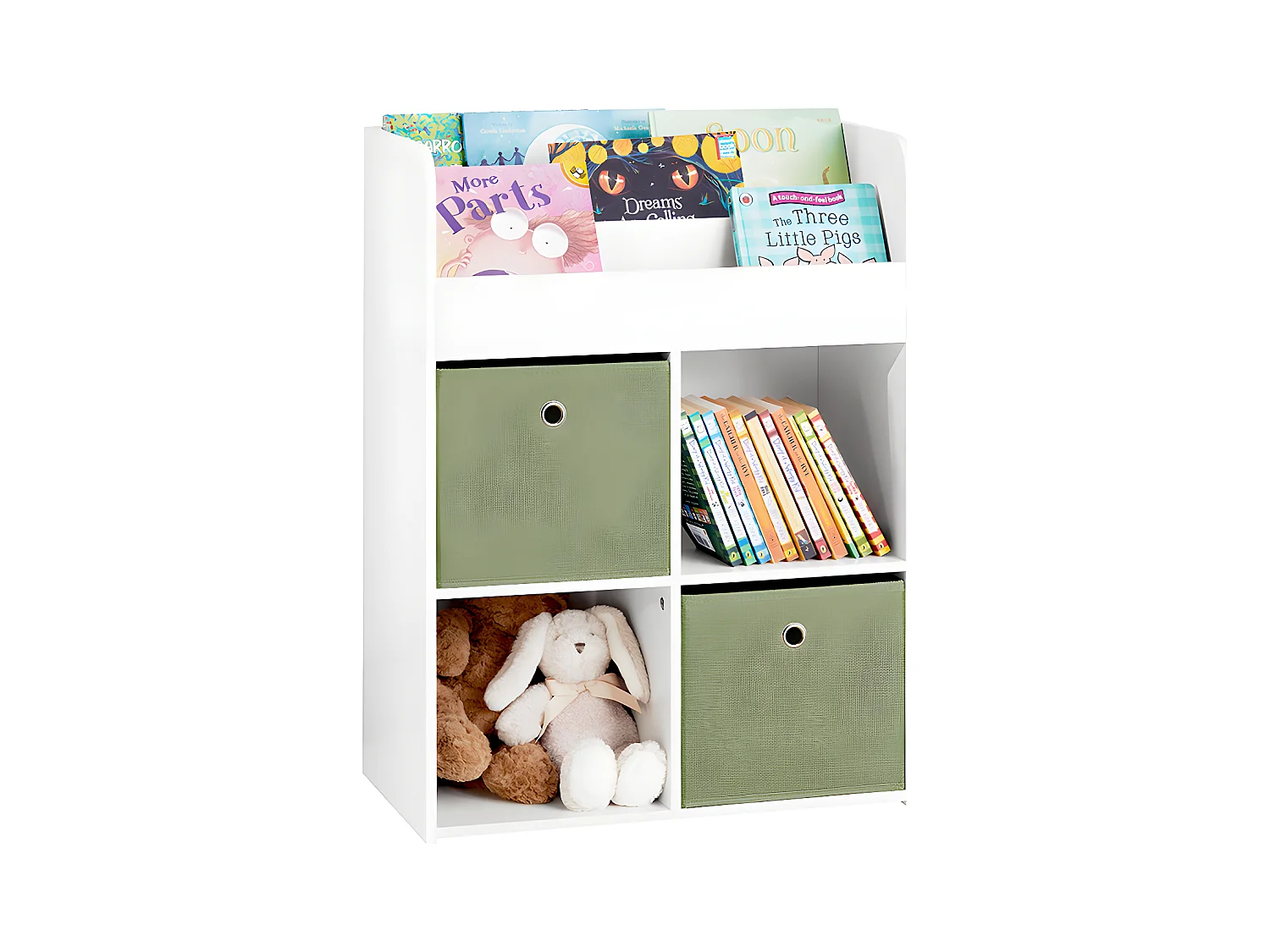SoBuy KMB79-W Bibliothèque pour Enfant, Étagère de Rangement pour Jouets et Livres, 3 Étagères, 4 Compartiments et 2 Boîtes de Rangement
