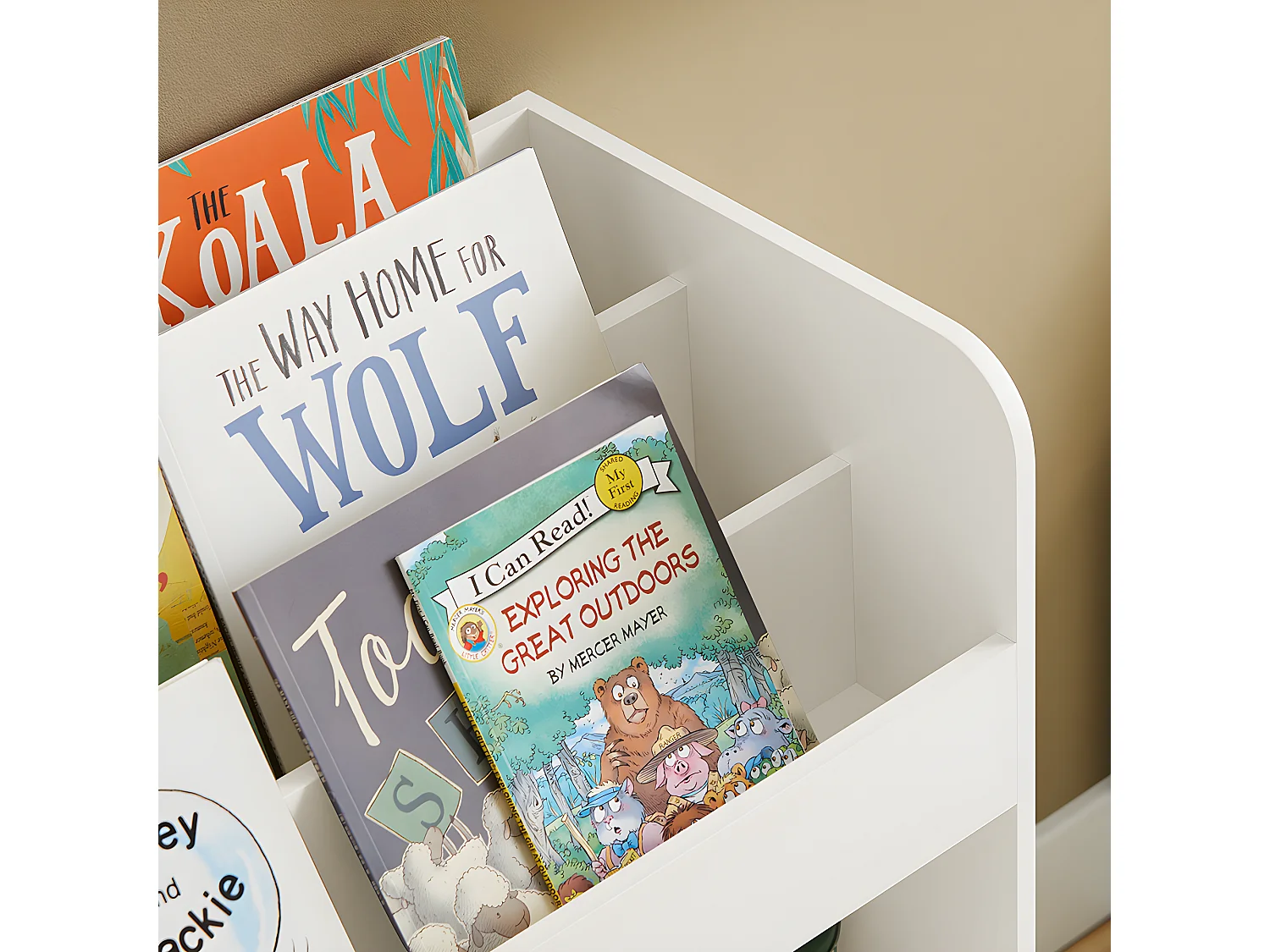 SoBuy Kinderboekenkast, opbergplank voor speelgoed en boeken, opbergkast voor kinderslaapkamer met 3 planken, 4 vakken en 2 opbergdozen, 60x34x80 cm, KMB79-W