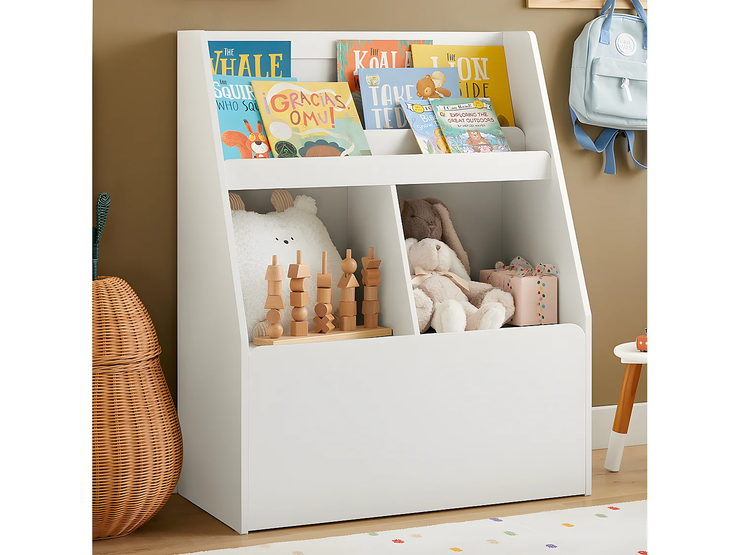 Libreria Per Bambini Scaffale Per Bambini Con Cassapanca Portagiochi Estraibile Mobili Cameretta Bianco 76x40x100cm KMB83-W