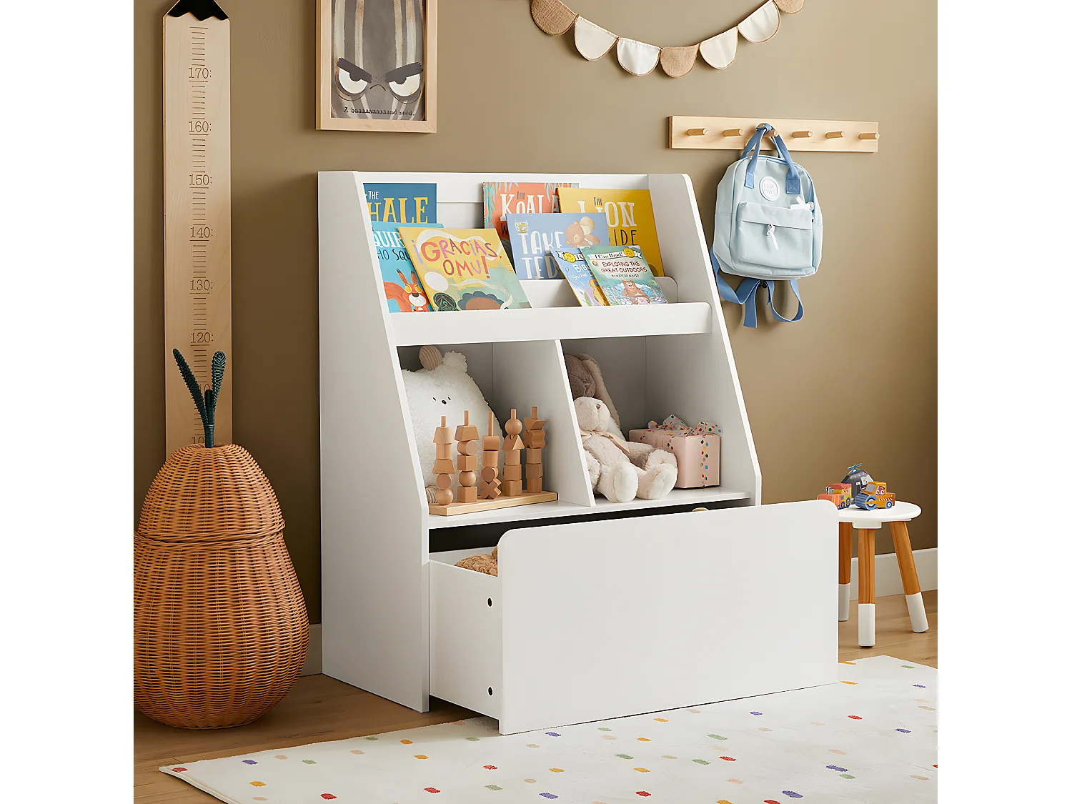 Libreria Per Bambini Scaffale Per Bambini Con Cassapanca Portagiochi Estraibile Mobili Cameretta Bianco 76x40x100cm KMB83-W