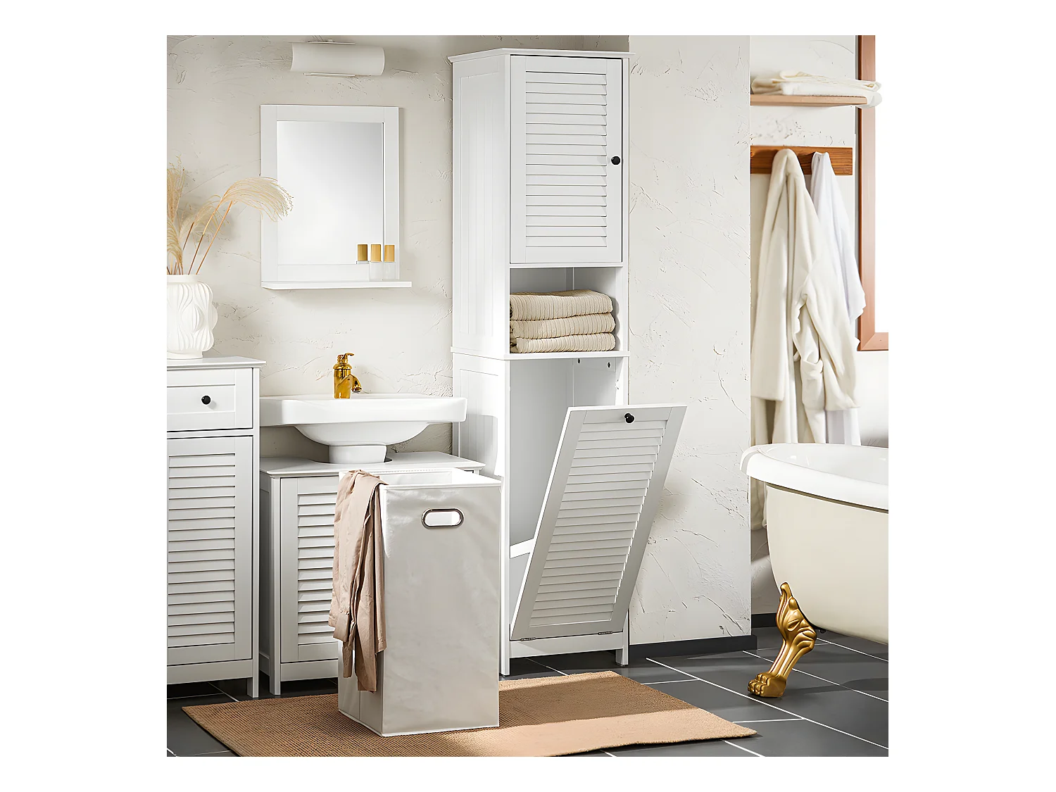 Szafka wysoka, kolumna łazienkowa z kosz na pranie BZR124-W