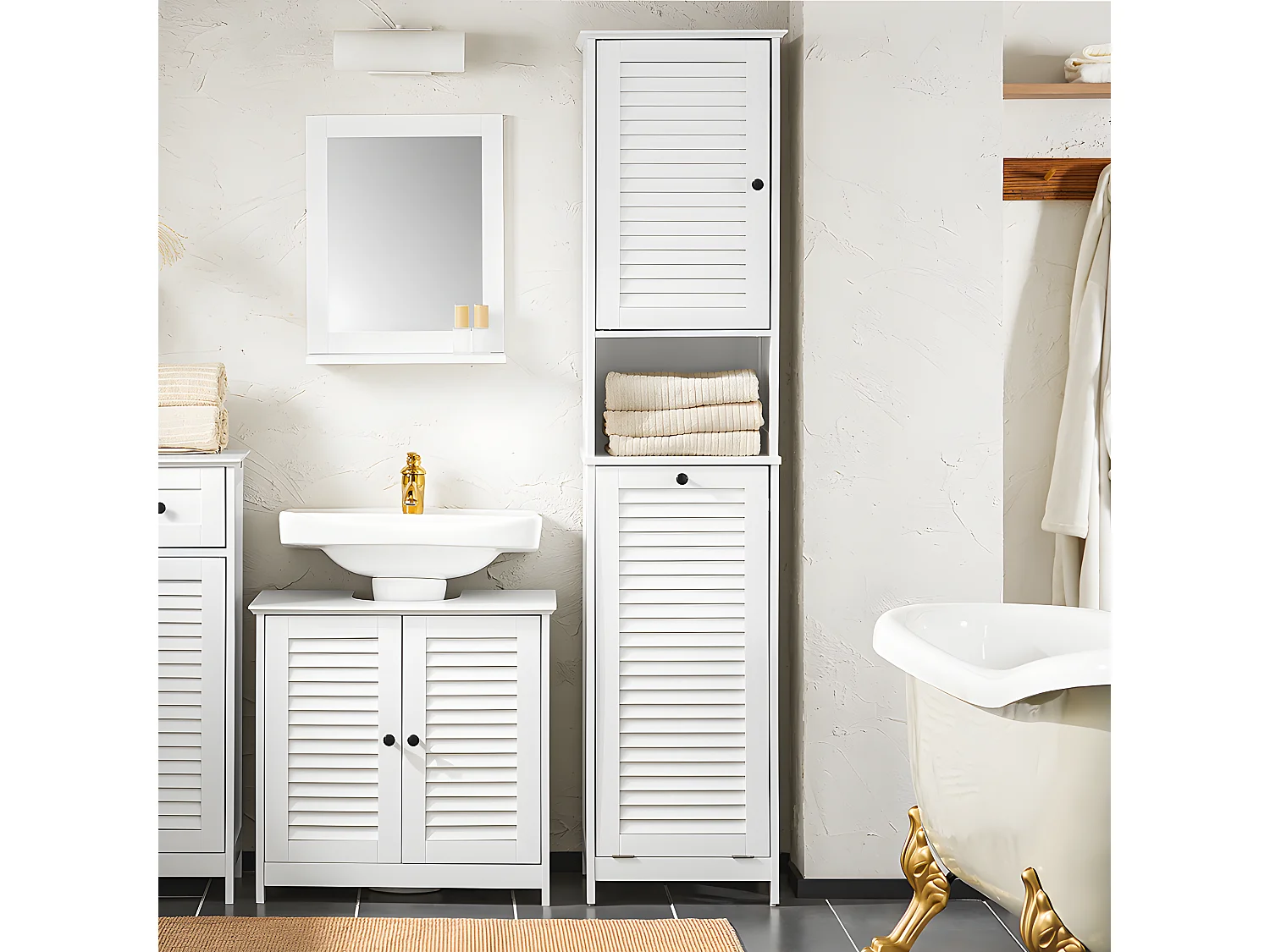 SoBuy BZR124-W Meuble Colonne de Salle de Bain, Placard Armoire Toilette Haute, avec 1 Porte, 1 Tiroir et 1 Panier à Linge Amovible