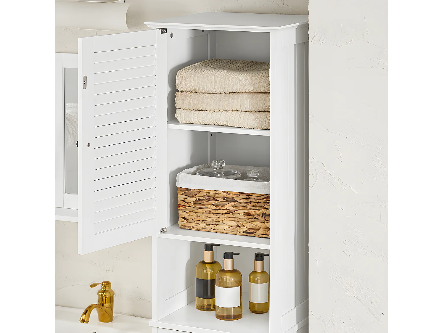 SoBuy BZR124-W Meuble Colonne de Salle de Bain, Placard Armoire Toilette Haute, avec 1 Porte, 1 Tiroir et 1 Panier à Linge Amovible