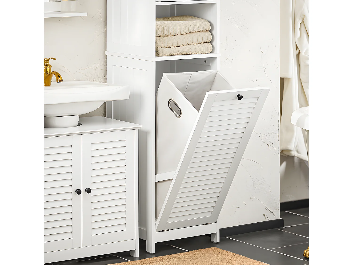 SoBuy BZR124-W Meuble Colonne de Salle de Bain, Placard Armoire Toilette Haute, avec 1 Porte, 1 Tiroir et 1 Panier à Linge Amovible