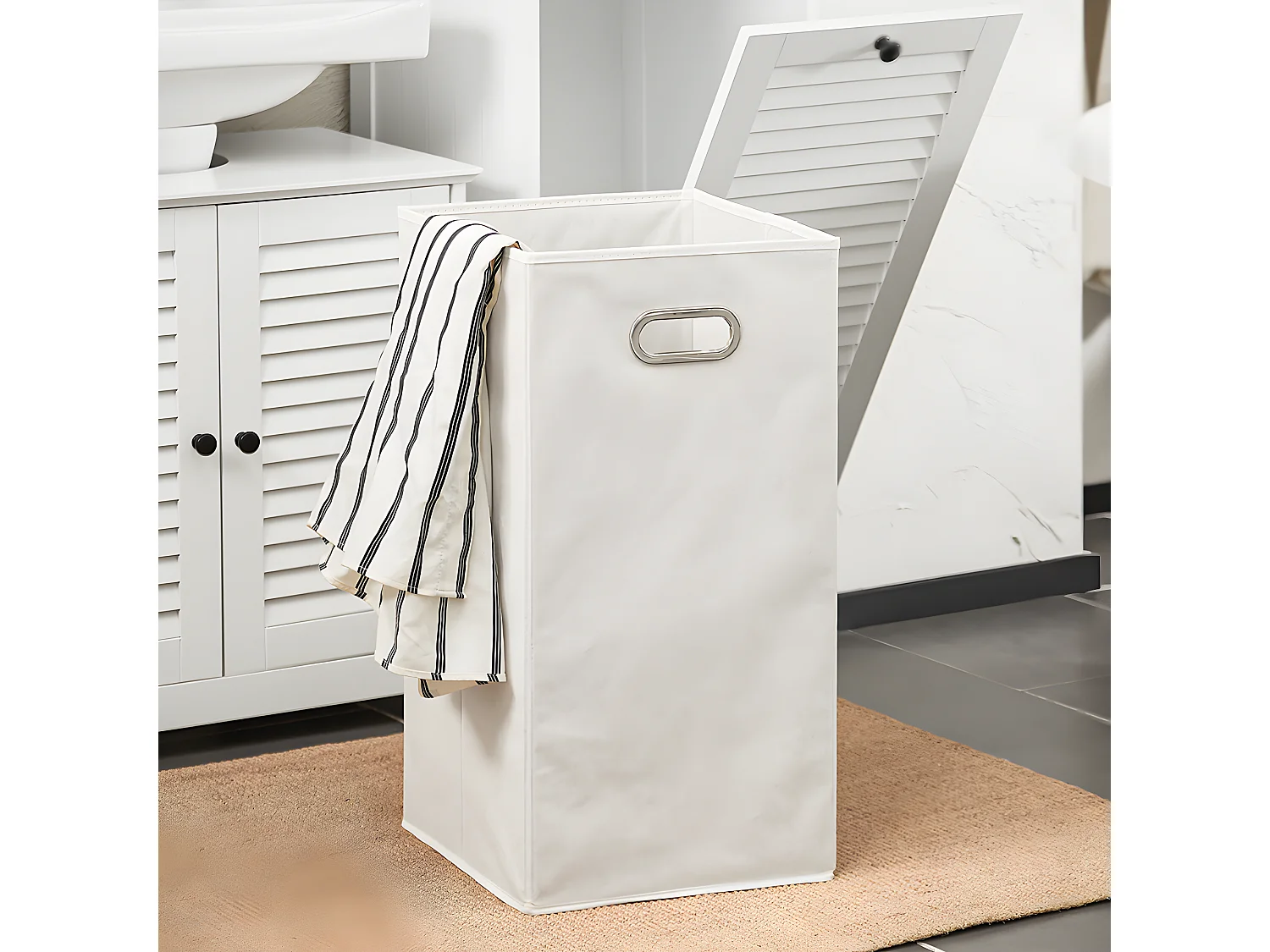 SoBuy BZR124-W Meuble Colonne de Salle de Bain, Placard Armoire Toilette Haute, avec 1 Porte, 1 Tiroir et 1 Panier à Linge Amovible