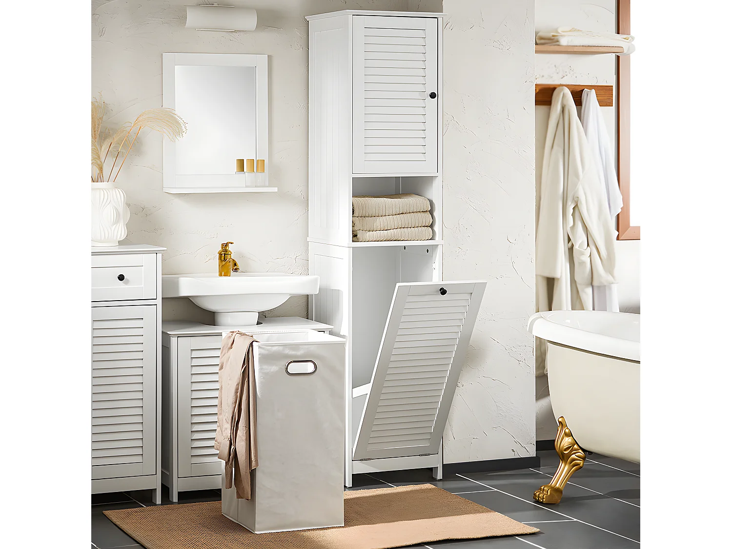 SoBuy BZR124-W Meuble Colonne de Salle de Bain, Placard Armoire Toilette Haute, avec 1 Porte, 1 Tiroir et 1 Panier à Linge Amovible