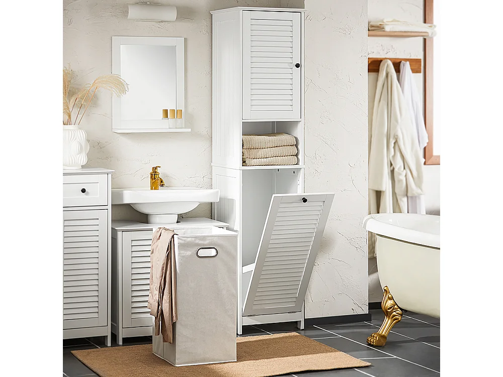 Mobile A Colonna Bagno Salvaspazio Mobile Alto Con Borsa Portabiancheria Pieghevole Bianco L40xP38xA170 Cm BZR124-W