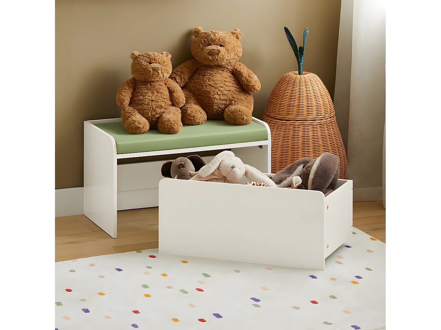 SoBuy Coffre à Jouet pour Enfants, Coffre de Rangement 2 en 1 avec 1 Tiroir à Roulettes et Assise Coussin Rembourré, Blanc, 60x34x35 cm, KMB80-W