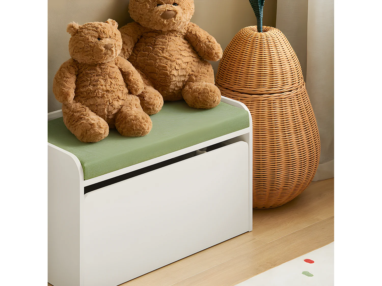 SoBuy Coffre à Jouet pour Enfants, Coffre de Rangement 2 en 1 avec 1 Tiroir à Roulettes et Assise Coussin Rembourré, Blanc, 60x34x35 cm, KMB80-W