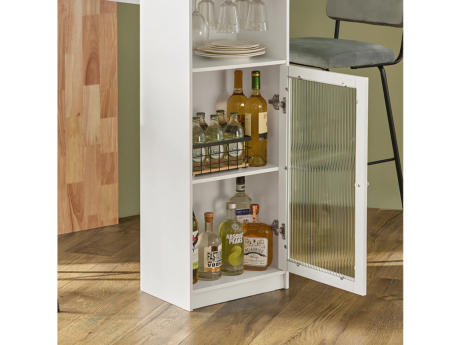 SoBuy Bartafel, keukentafel, eettafel, bistrotafel, bartafel voor keuken, eetkamer met 1 deur en glashouder, 108 x 40 x 105 cm, FWT99-WN