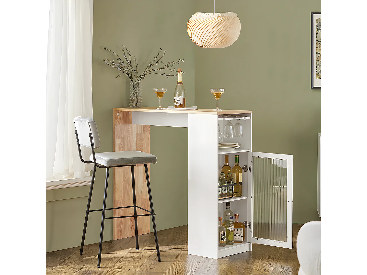 SoBuy Table Haute de Bar, Table à Manger, Table Bistro, Mange-Debout, Salle à Manger, Salon avec 1 Porte et Porte-Verre, 108 x 40 x 105 cm, FWT99-WN