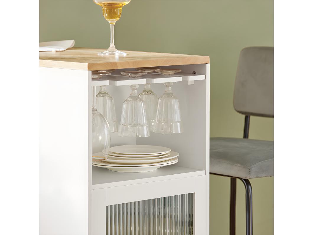Mesa Alta Cocina Barra Integrada para Bebidas con 1 Puerta de Vidrio 3 Estantes y Soporte de Copas de Vino 108 x 40 x 105 cm Blanco y Madera FWT99-WN SoBuy ES