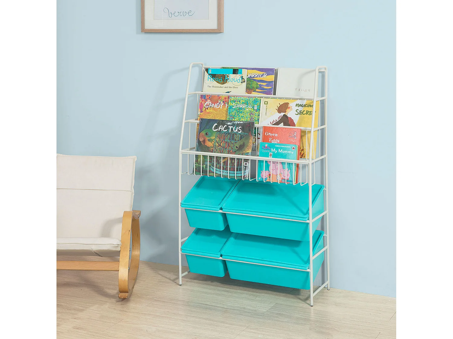 SoBuy KMB07-B Bibliothèque + Coffre de Rangement Coffre à Jouets Étagère à Livres pour Enfants Porte-Revues Étagère de Rangement Jouets