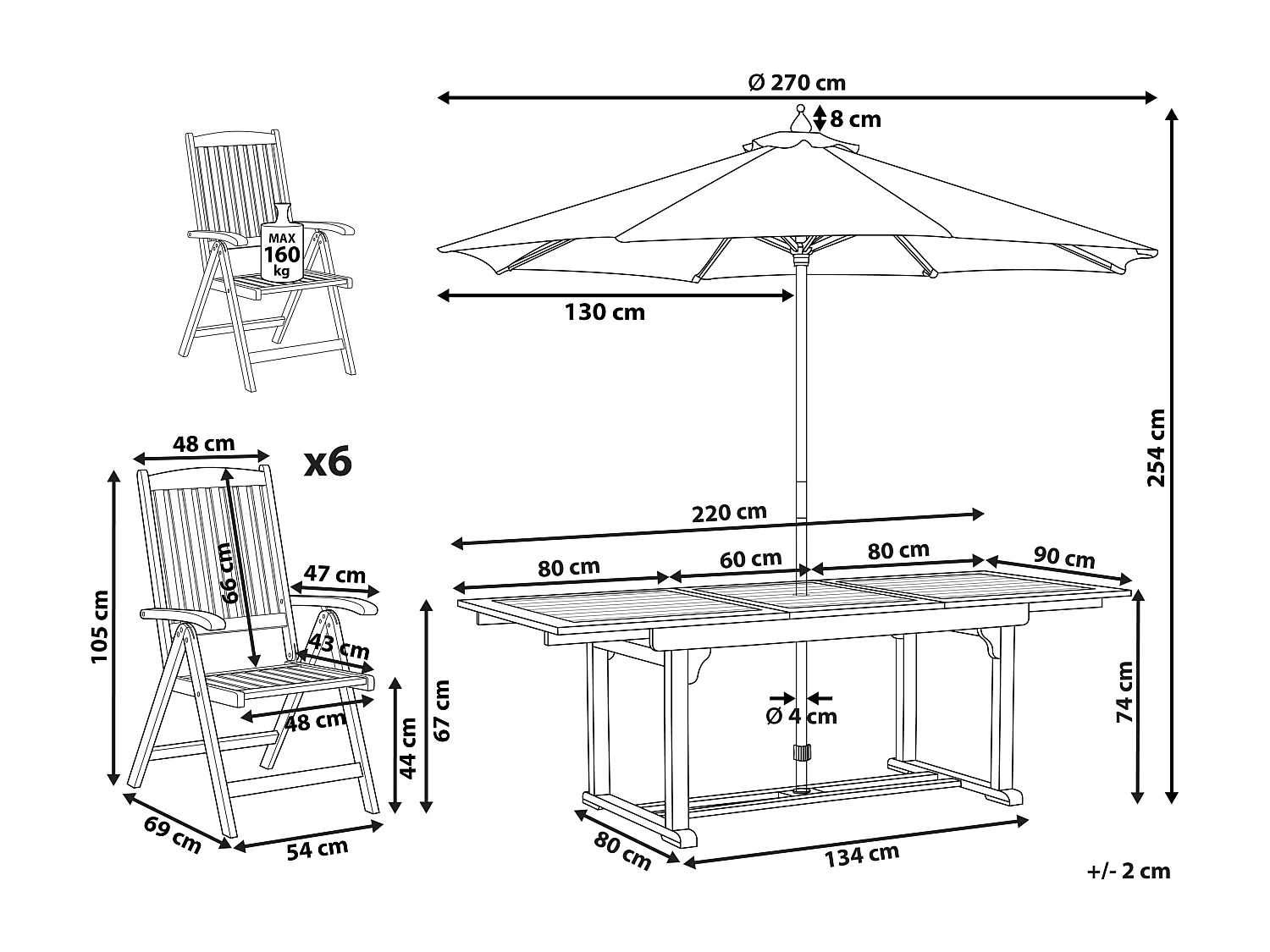 Salle à manger de jardin 6 places JAVA avec parasol (12 options) Acacia Marron clair