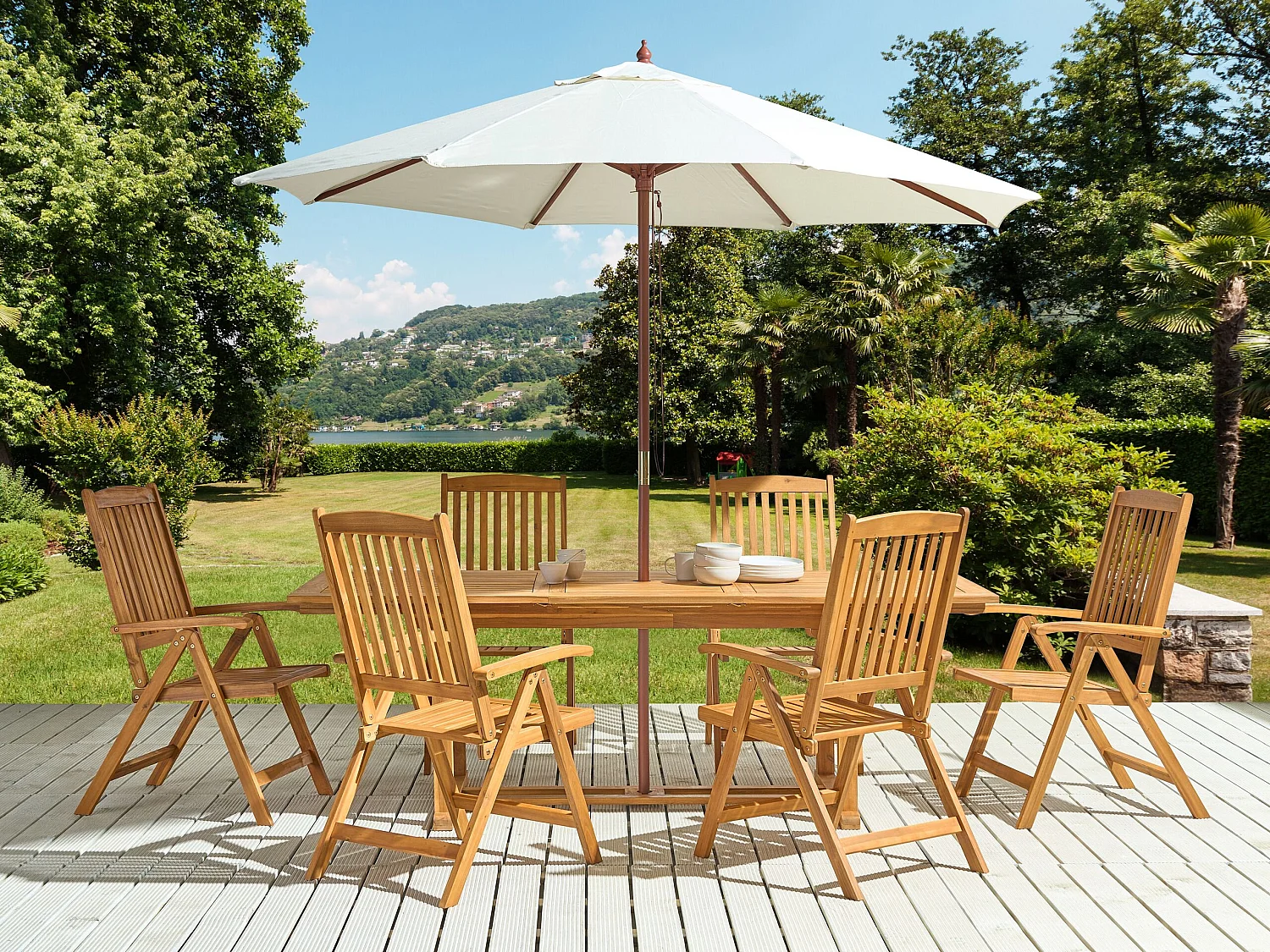 Salle à manger de jardin 6 places JAVA avec parasol (12 options) Acacia Marron clair