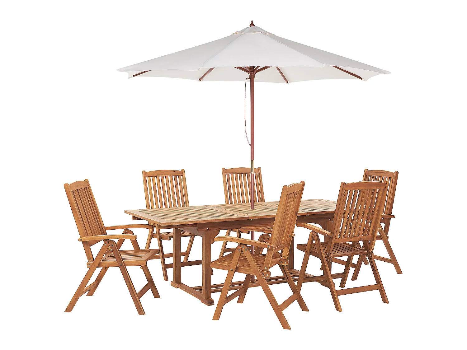 Salle à manger de jardin 6 places JAVA avec parasol (12 options) Acacia Marron clair