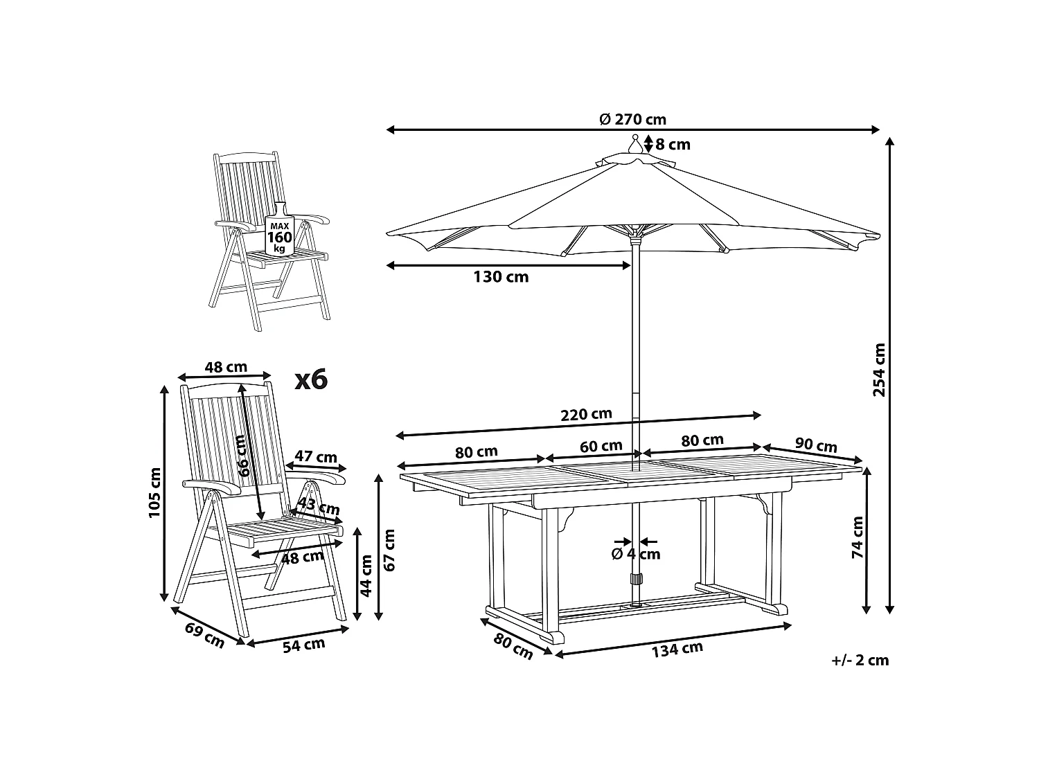 Salle à manger de jardin 6 places JAVA avec parasol (12 options) Acacia Marron clair