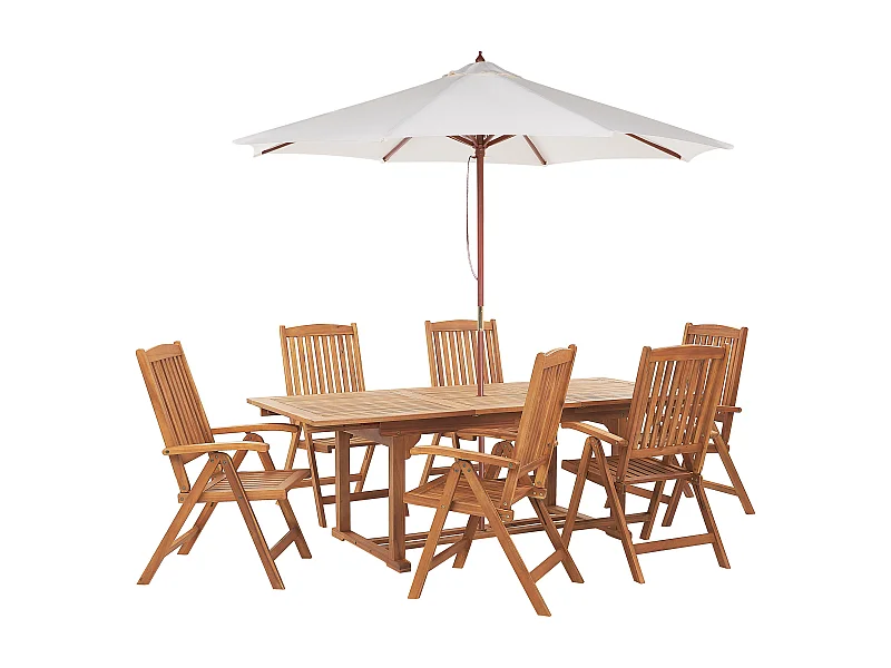 Gartenmöbel Set 6-Sitzer JAVA mit Schirm (12 Optionen) Akazienholz Hellbraun