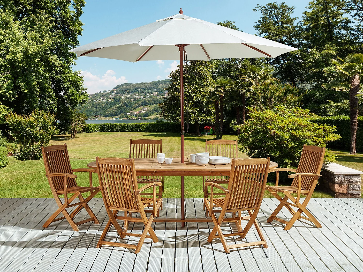 Set da pranzo da giardino 6 posti MAUI con Ombrellone (12 opzioni) Legno d'acacia Marrone chiaro