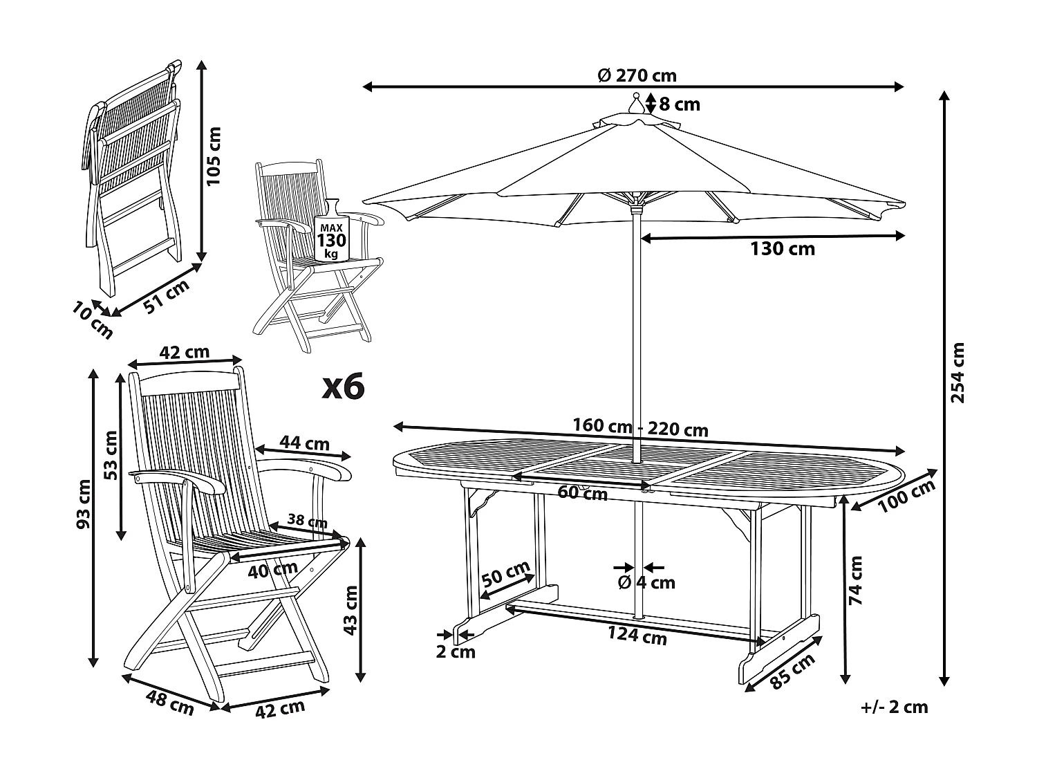 Set da pranzo da giardino 6 posti MAUI con Ombrellone (12 opzioni) Legno d'acacia Marrone chiaro