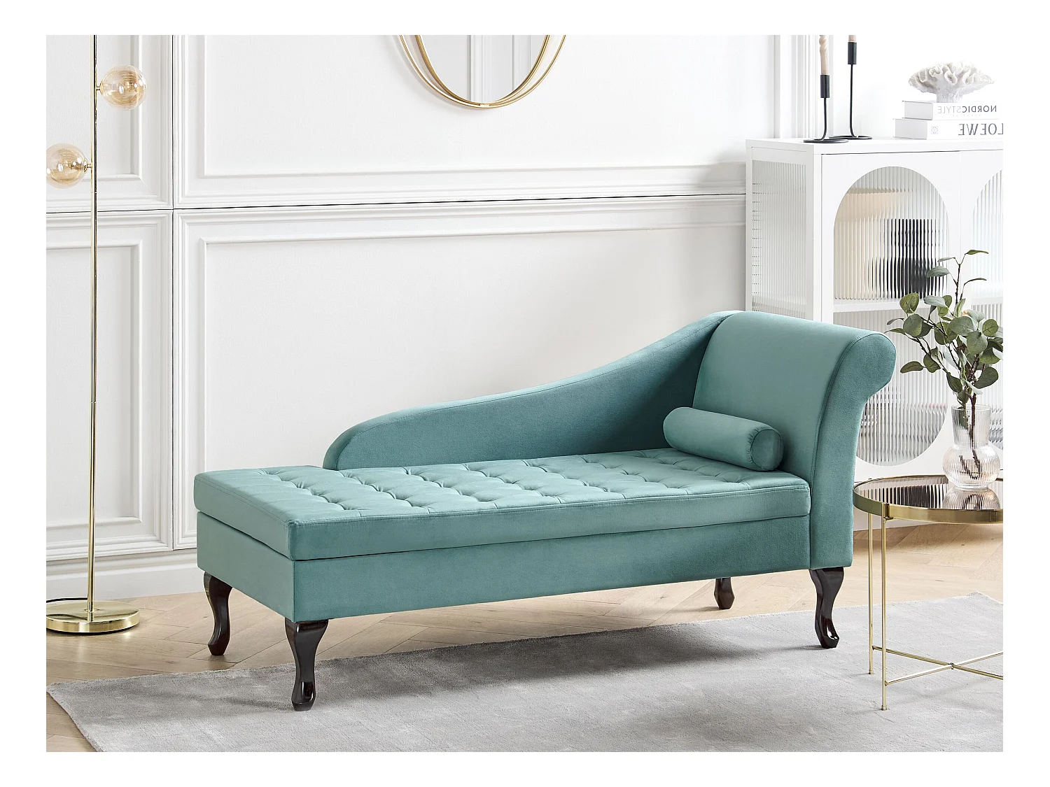 Chaise longue côté droit PESSAC Velours Bleu paon avec rangement