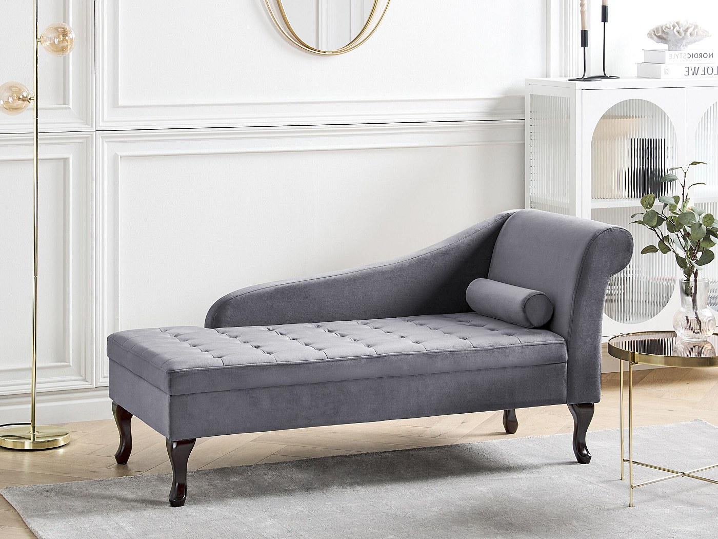 Chaise Longue In Velluto Nero Con Vano Portaoggetti – Versione Destra – Morbida, Con Gambe In Legno