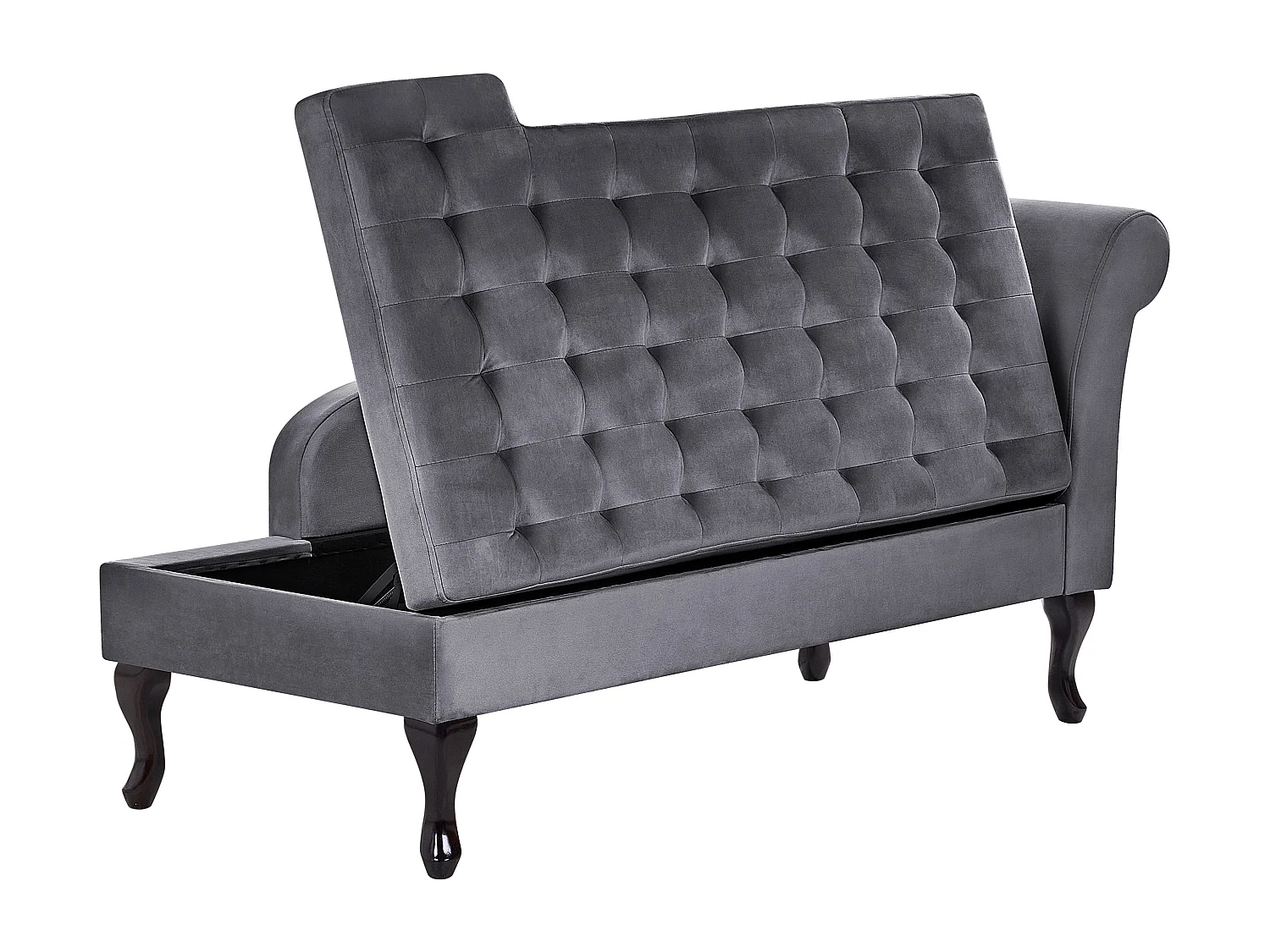 Chaiselongue rechtsseitig Samt dunkles Grau Lehne Bettkasten Dekokissen Pessac