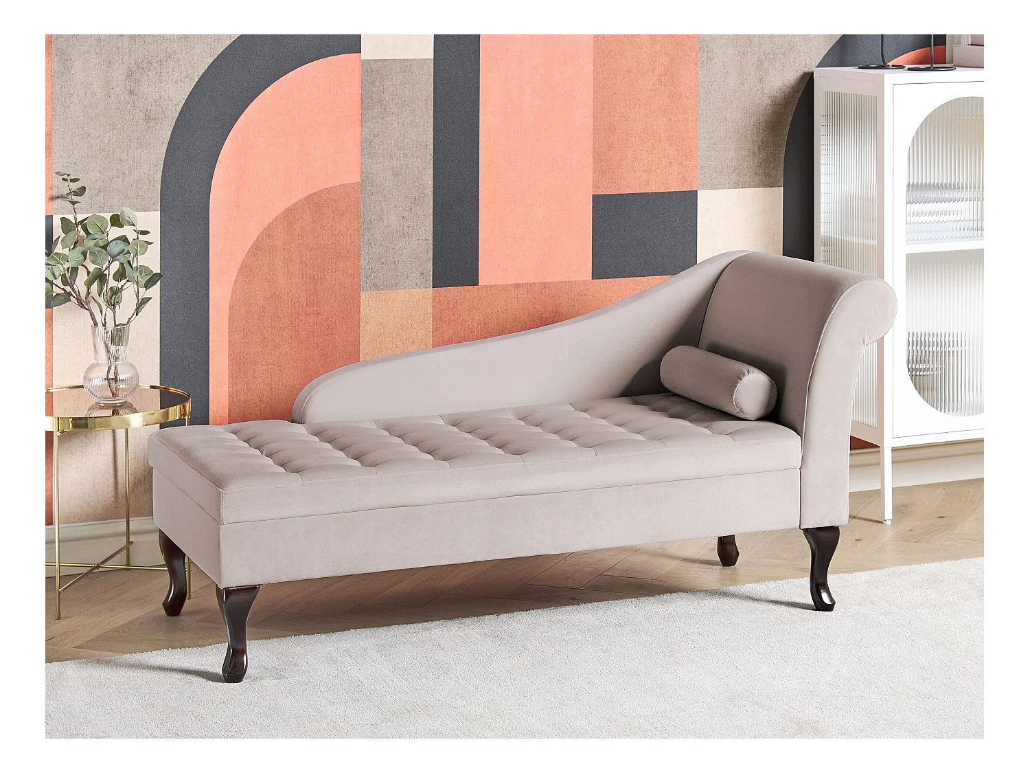Chaise longue côté droit PESSAC Velours Beige clair avec rangement