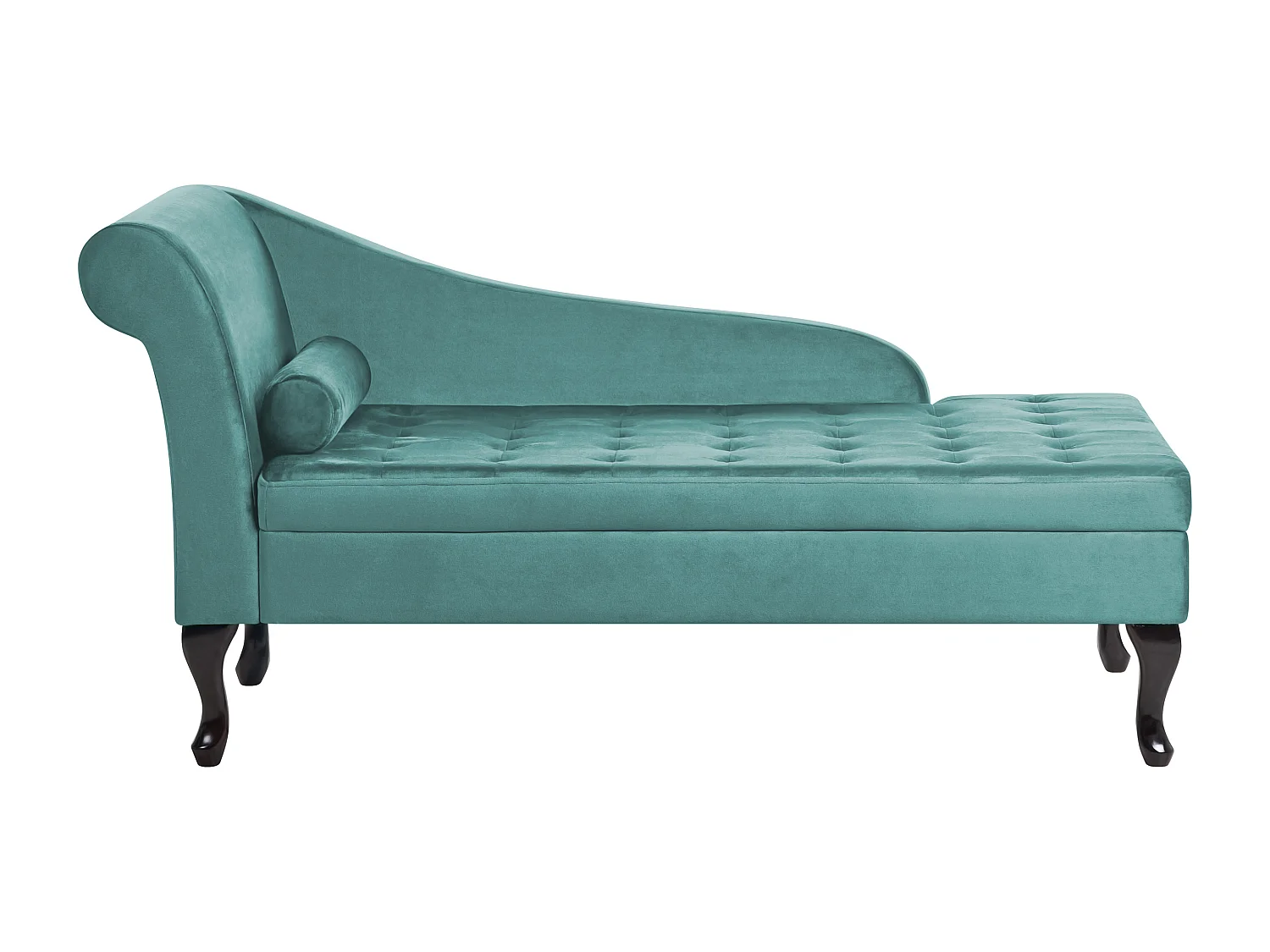 Chaiselongue linksseitig Samt blau grün Lehne Bettkasten Dekokissen Pessac