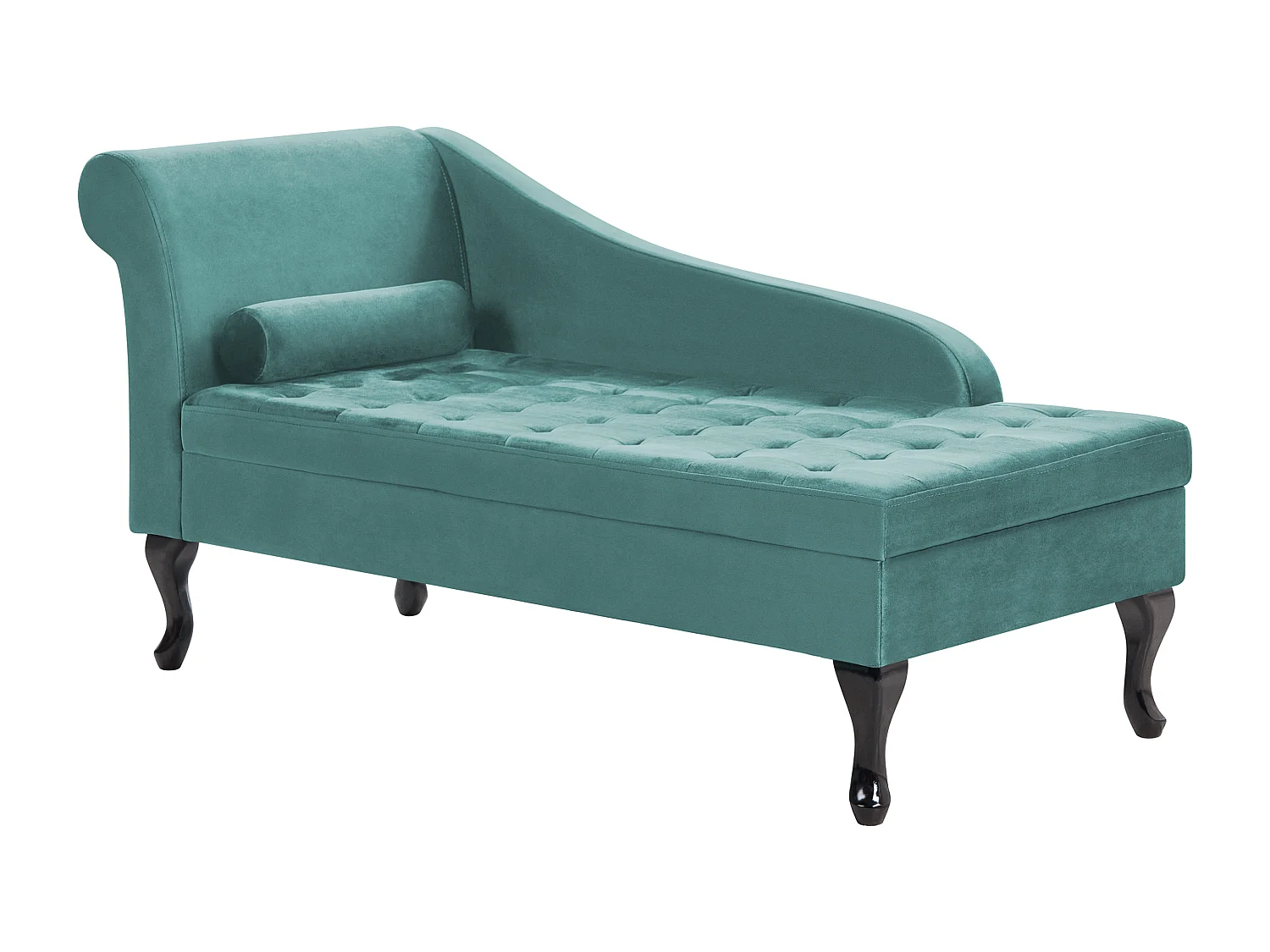 Chaiselongue linksseitig Samt blau grün Lehne Bettkasten Dekokissen Pessac