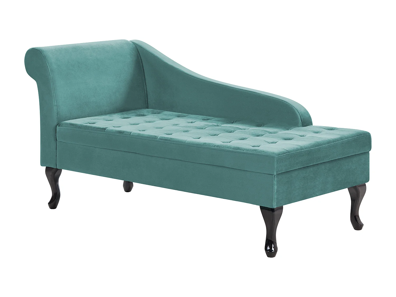 Chaiselongue linksseitig Samt blau grün Lehne Bettkasten Dekokissen Pessac